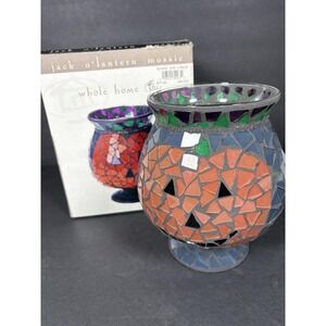 Vintage Whole Home Mosaic Jack O Lantern Hurricane Candle Holder Halloween 7"